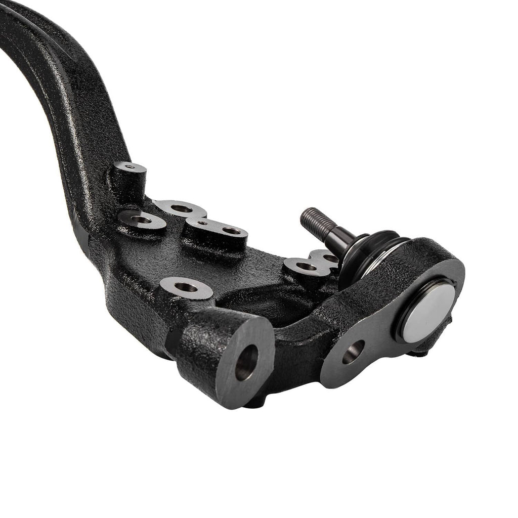 Front steering knuckle assembly with ball joint and mounting holes, black metal