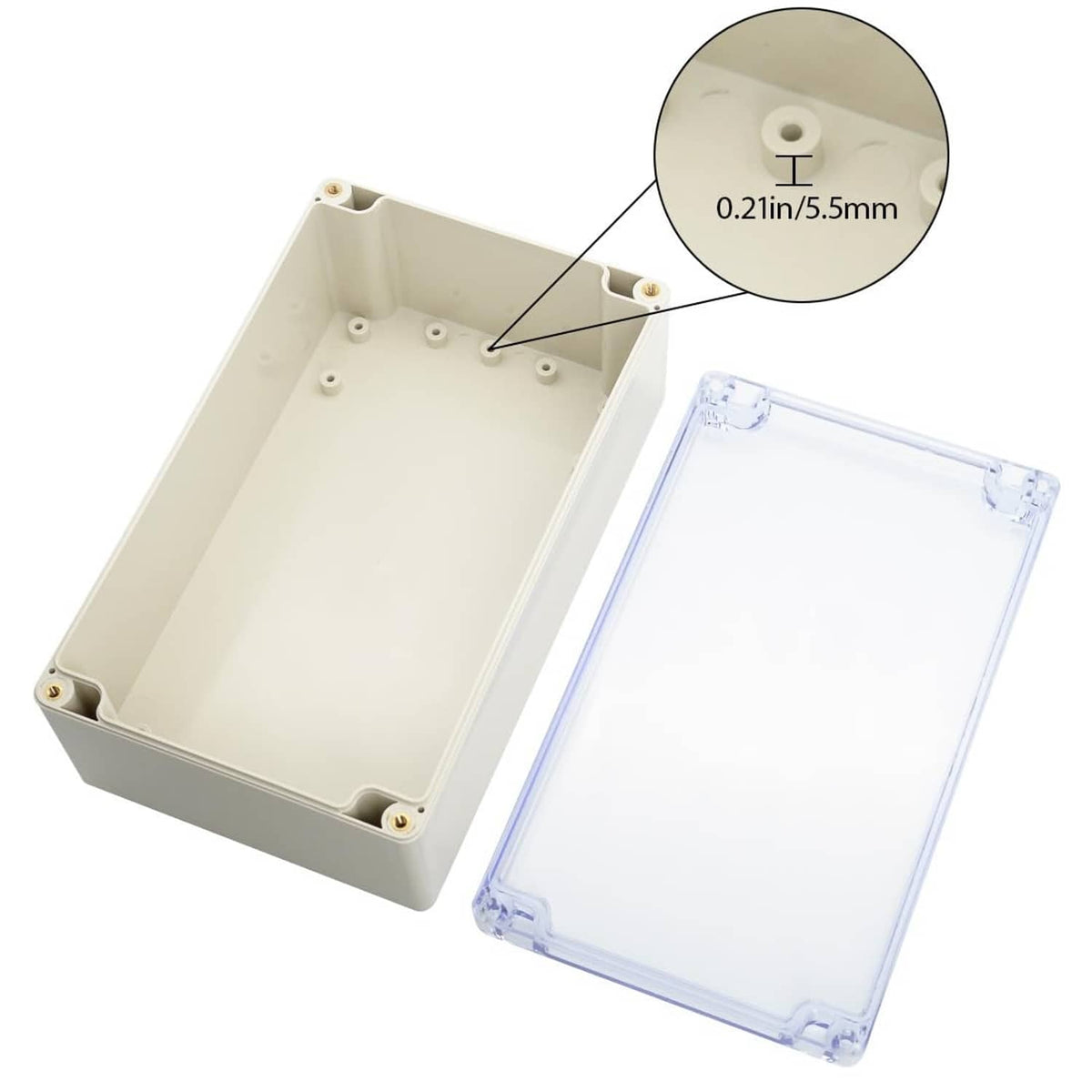 Beige ABS waterproof junction box with clear lid and gasket, shown with mounting points