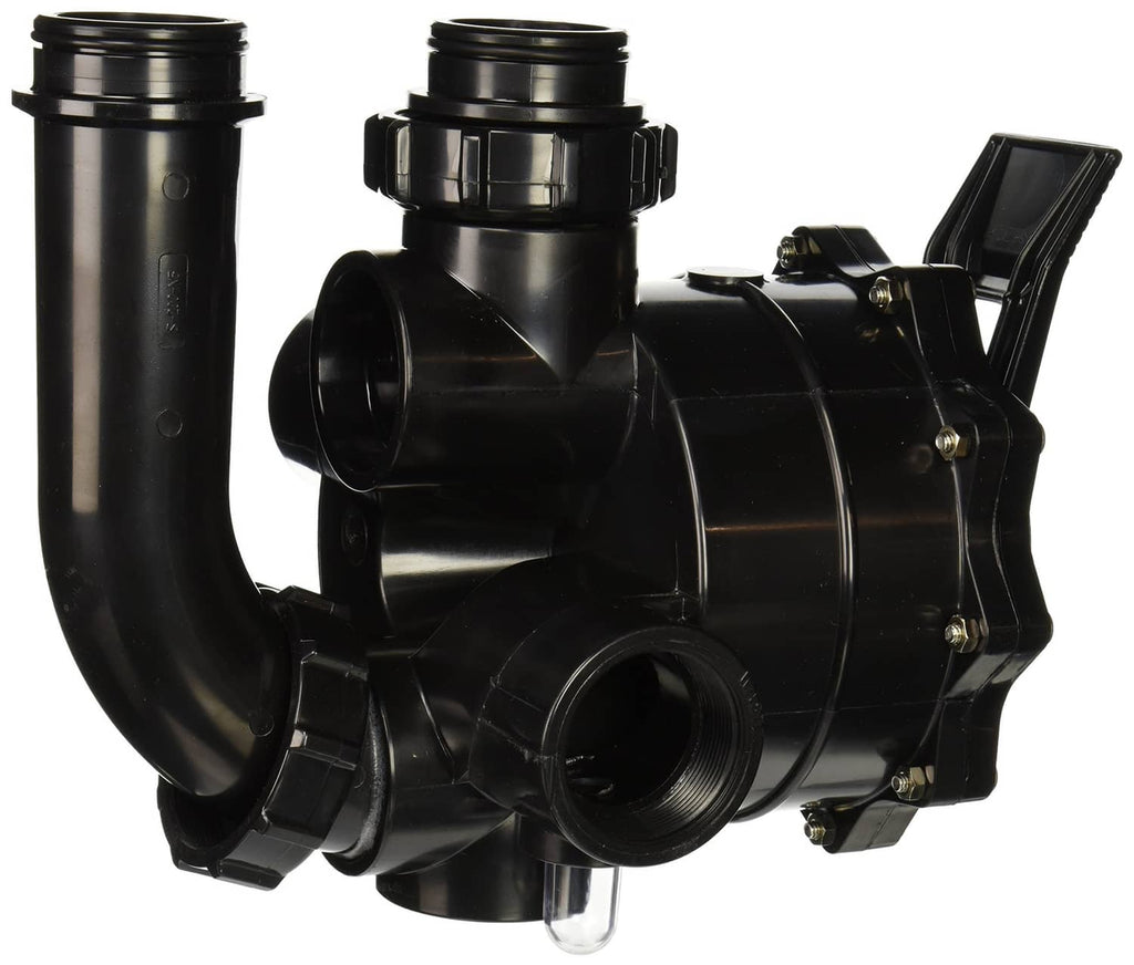 Black plastic control valve with curved inlet hose, threaded outlets, and mounting bracket
