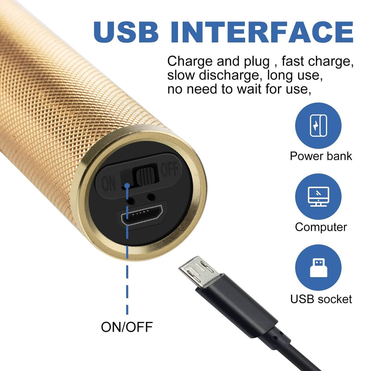 Gold cordless trimmer with USB charging port, ON/OFF switch, and USB cable plug.