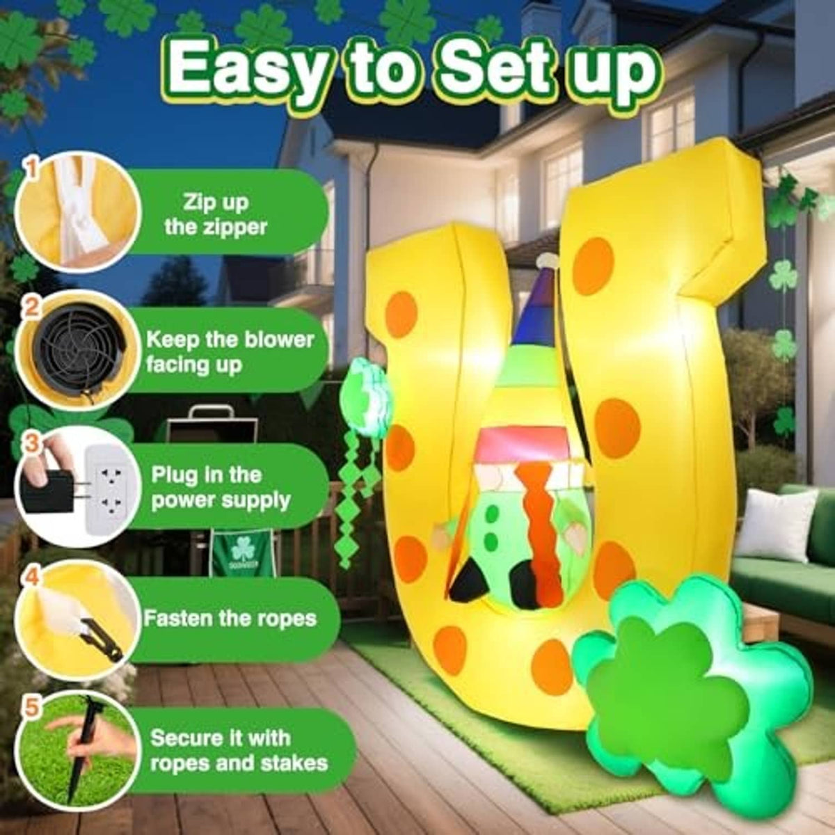 Inflatable yellow gnome yard decoration with rainbow hat and green clovers on outdoor steps