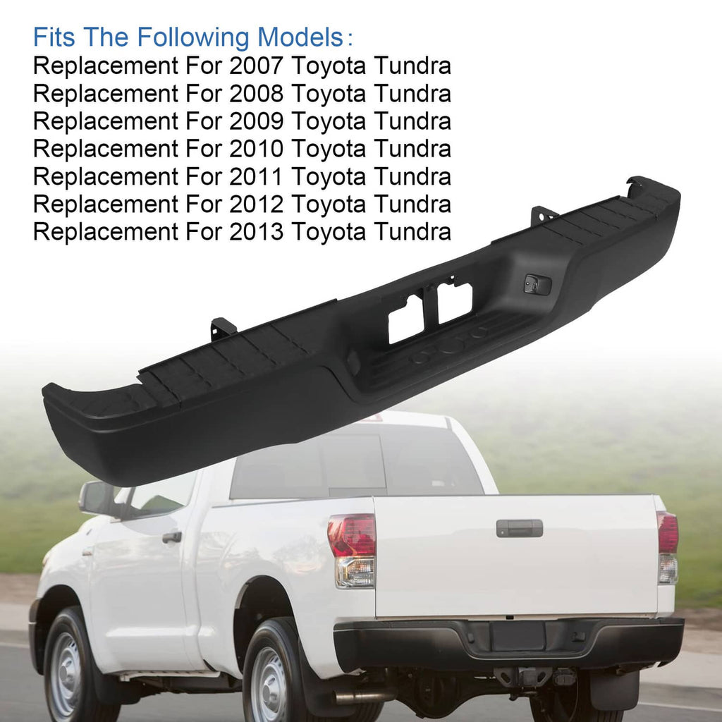 Black rear step bumper assembly with textured step surface and mounting cutouts