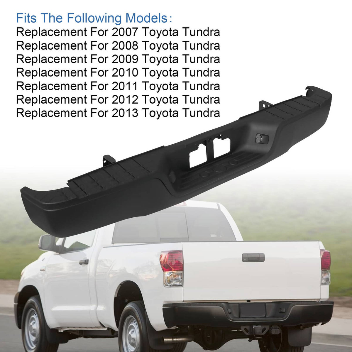 Black rear step bumper assembly with textured step surface and mounting cutouts