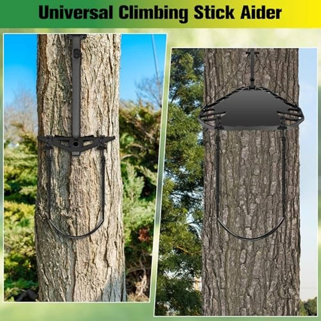 Universal single-step climbing stick aider secured to a tree trunk with strap