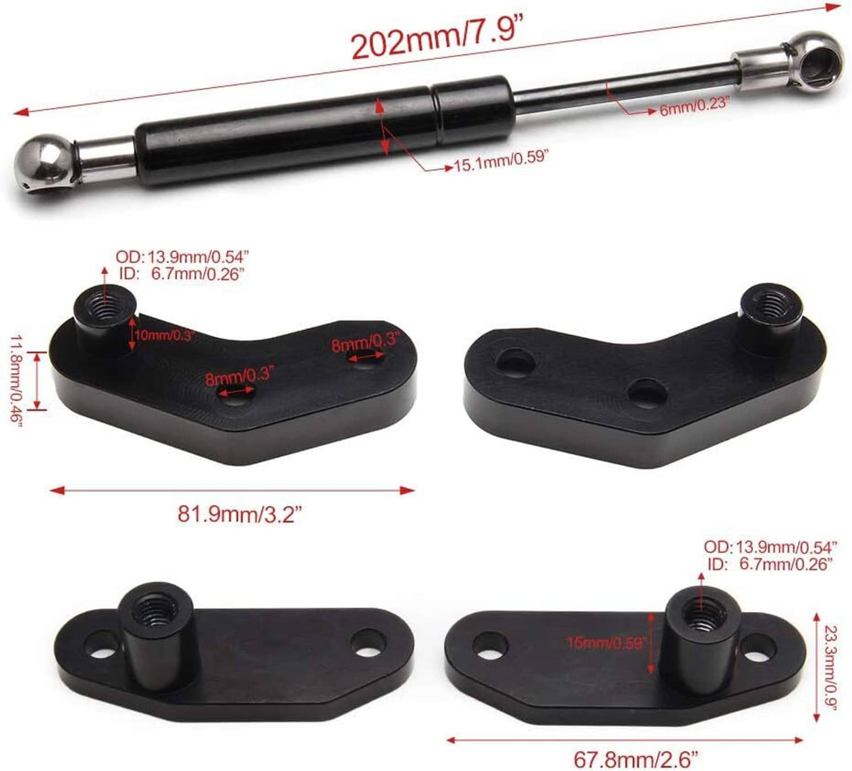 Door strut kit size diagram with black shocks, chrome ends, and mounting brackets