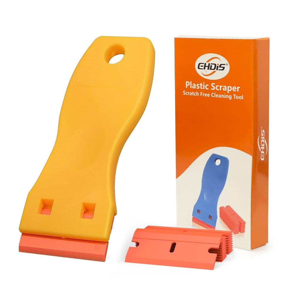 1.5 inch plastic razor scraper handle with double-edge blades and box, yellow and orange