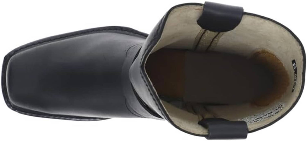 Women’s western harness boot, open toe view showing black interior lining and cushioned insole