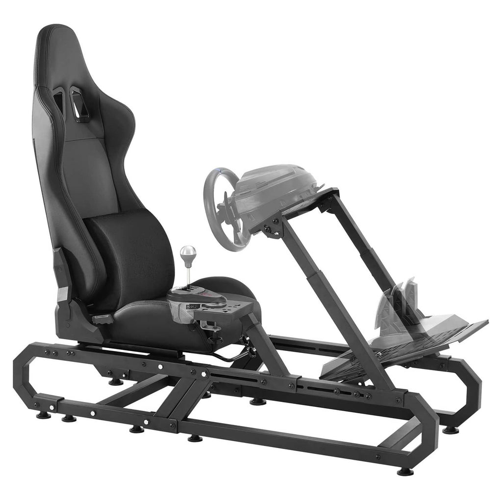 Racing simulator steering wheel stand with black seat and exposed control platform.