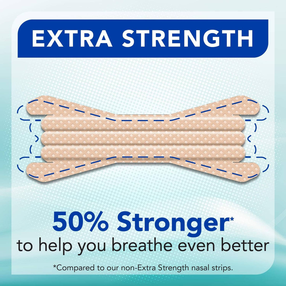 Extra Strength nasal strips illustration showing tan strips and 50% stronger claim.
