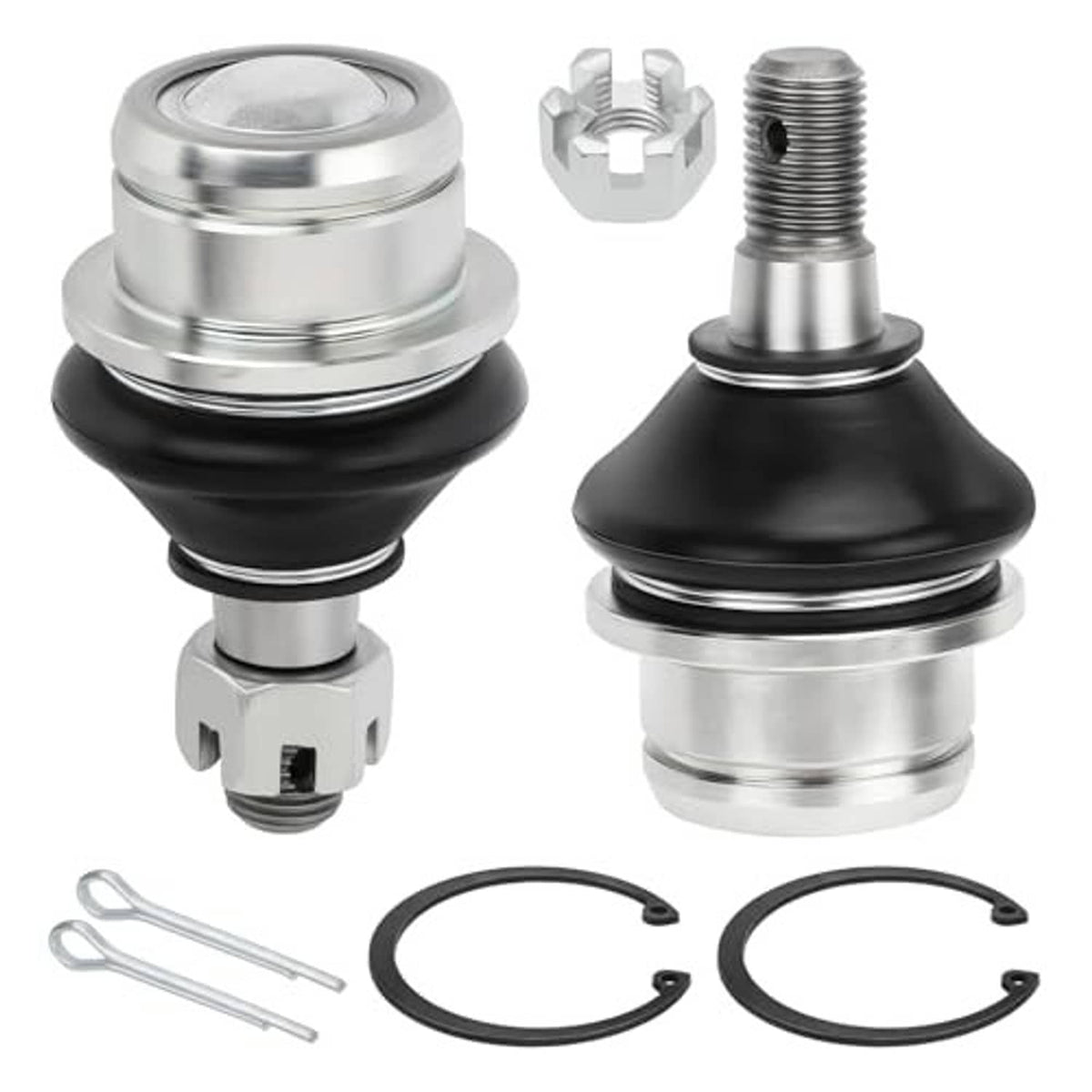 Pair of ball joints with silver tops, black boots, circlips, and split pin