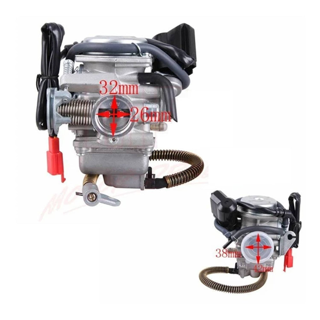Carburetor with fuel lines and red measurement arrows for ports