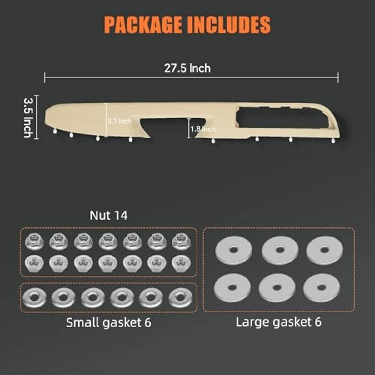 Tan door armrest kit with panel, nut set, and small and large gaskets