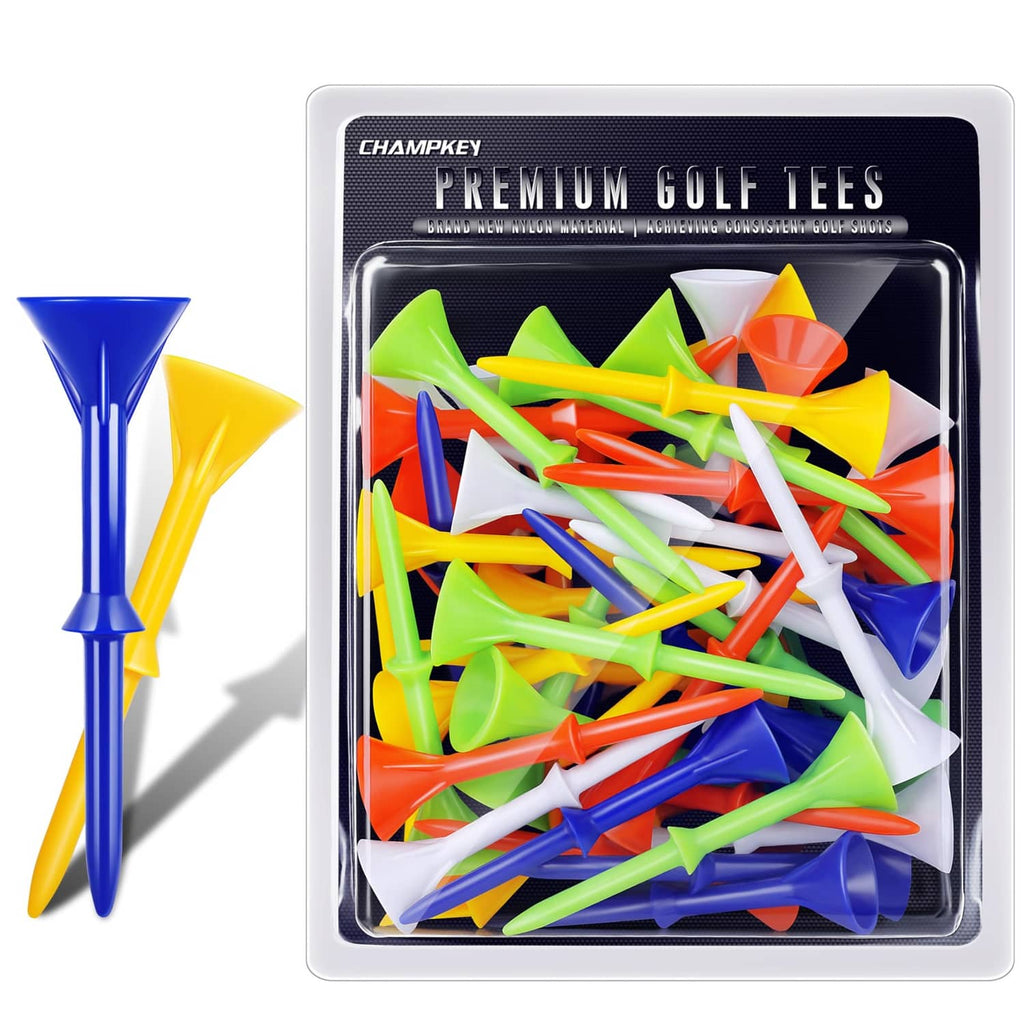 CHAMPKEY 3-1/4 in premium plastic golf tees, mixed colors in a clear tray pack