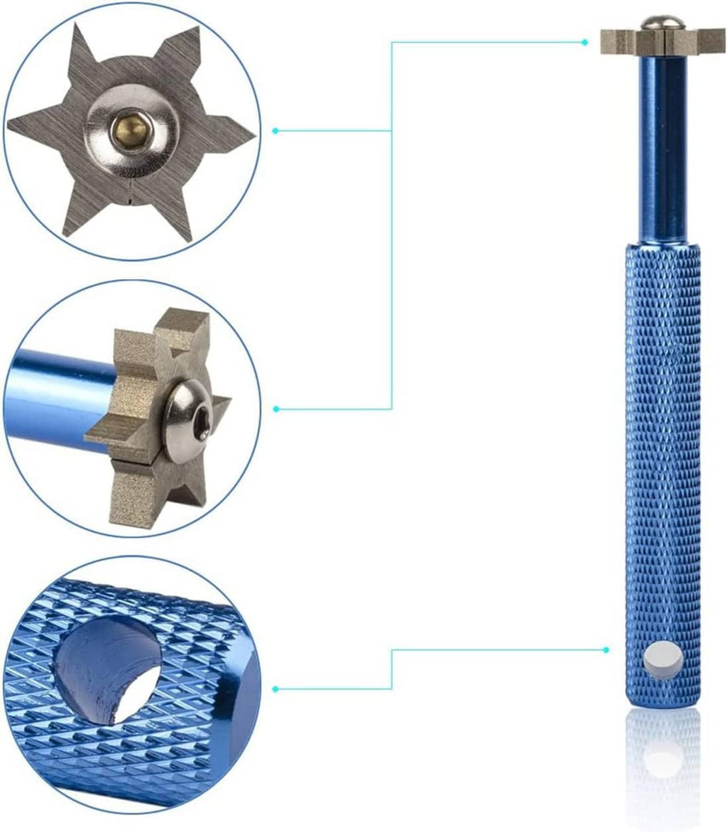 Golf club groove sharpener with blue textured grip and silver star-shaped cutter head