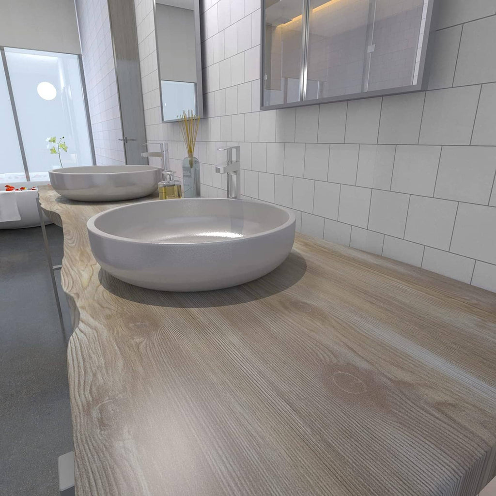 Faux wood grain contact paper on bathroom vanity top, light oak surface