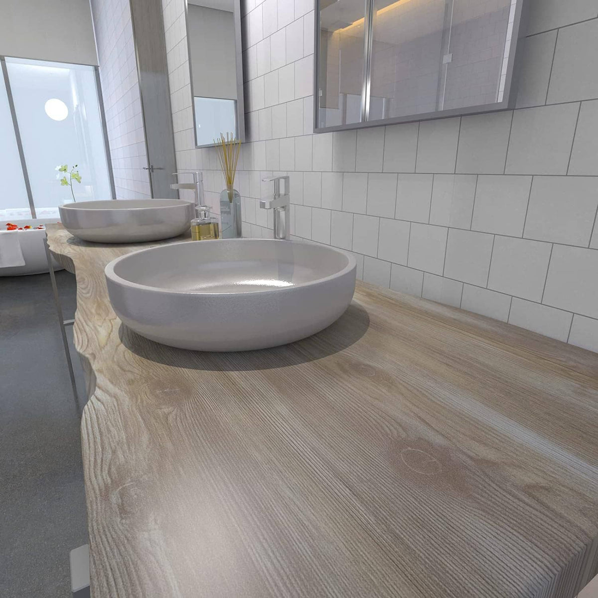Faux wood grain contact paper on bathroom vanity top, light oak surface