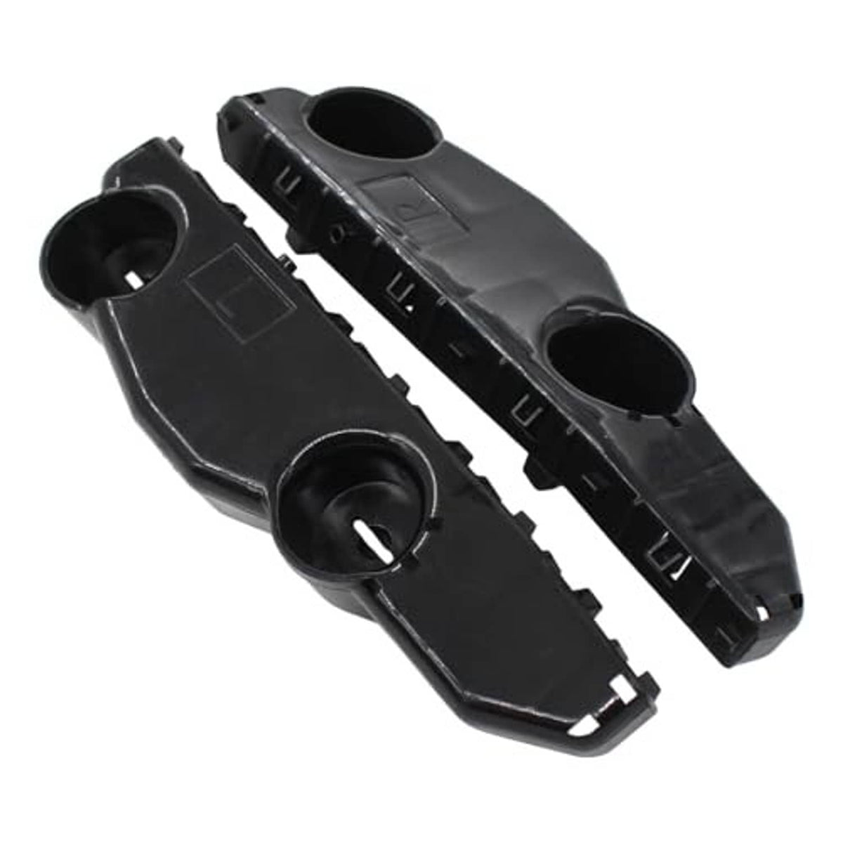 Front bumper bracket retainer pair, black plastic, angled view with circular lugs