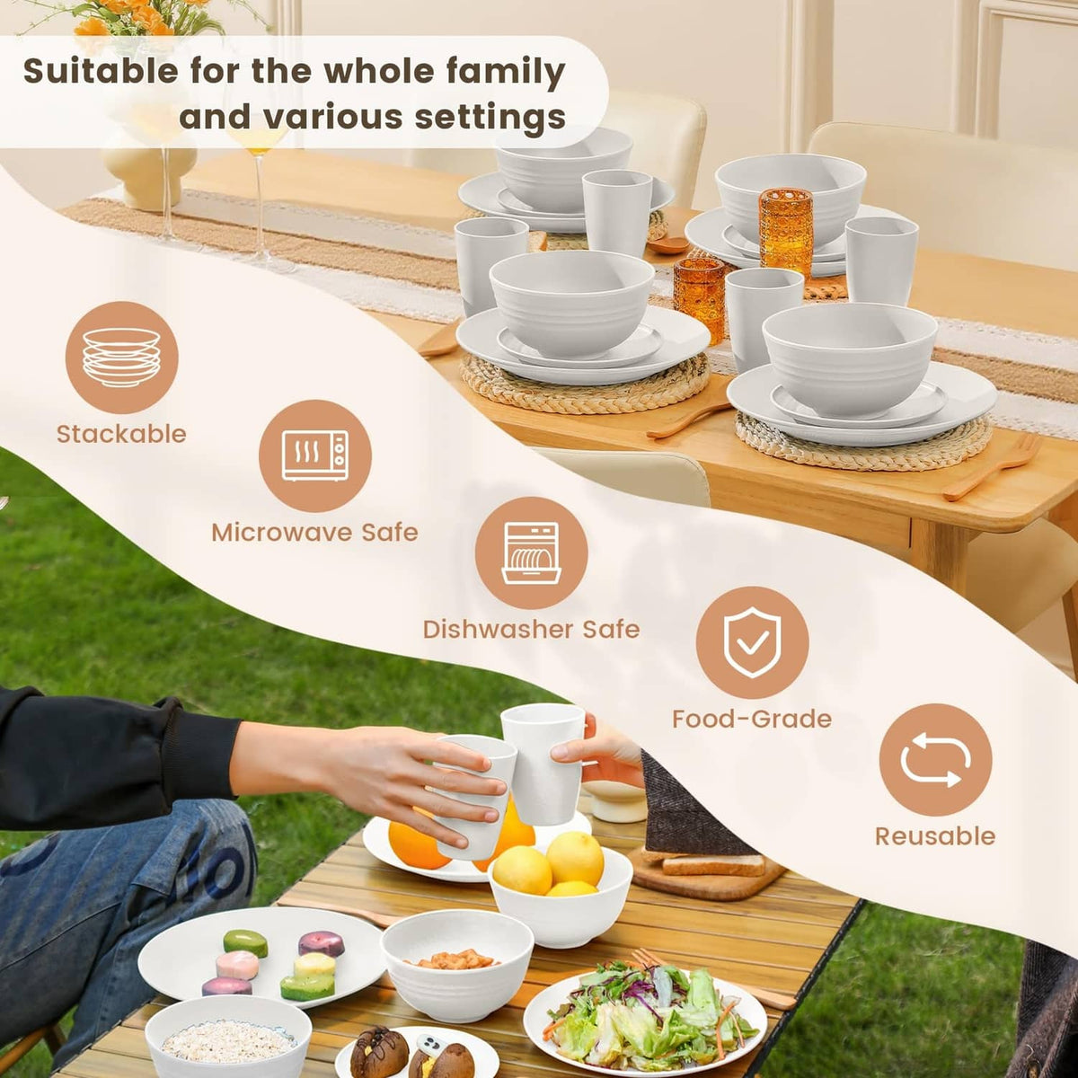 White wheat straw dinnerware set on table with stackable cups and bowls