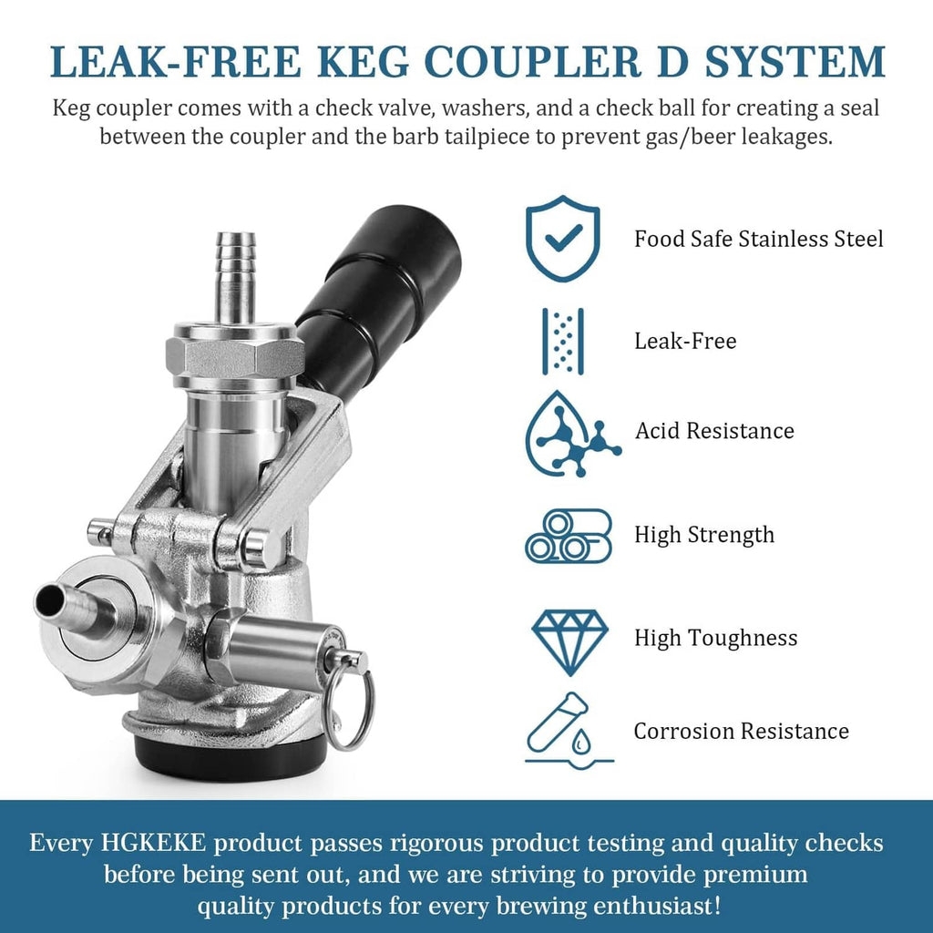 Keg coupler D system in stainless steel with black handle and leak-free check seals