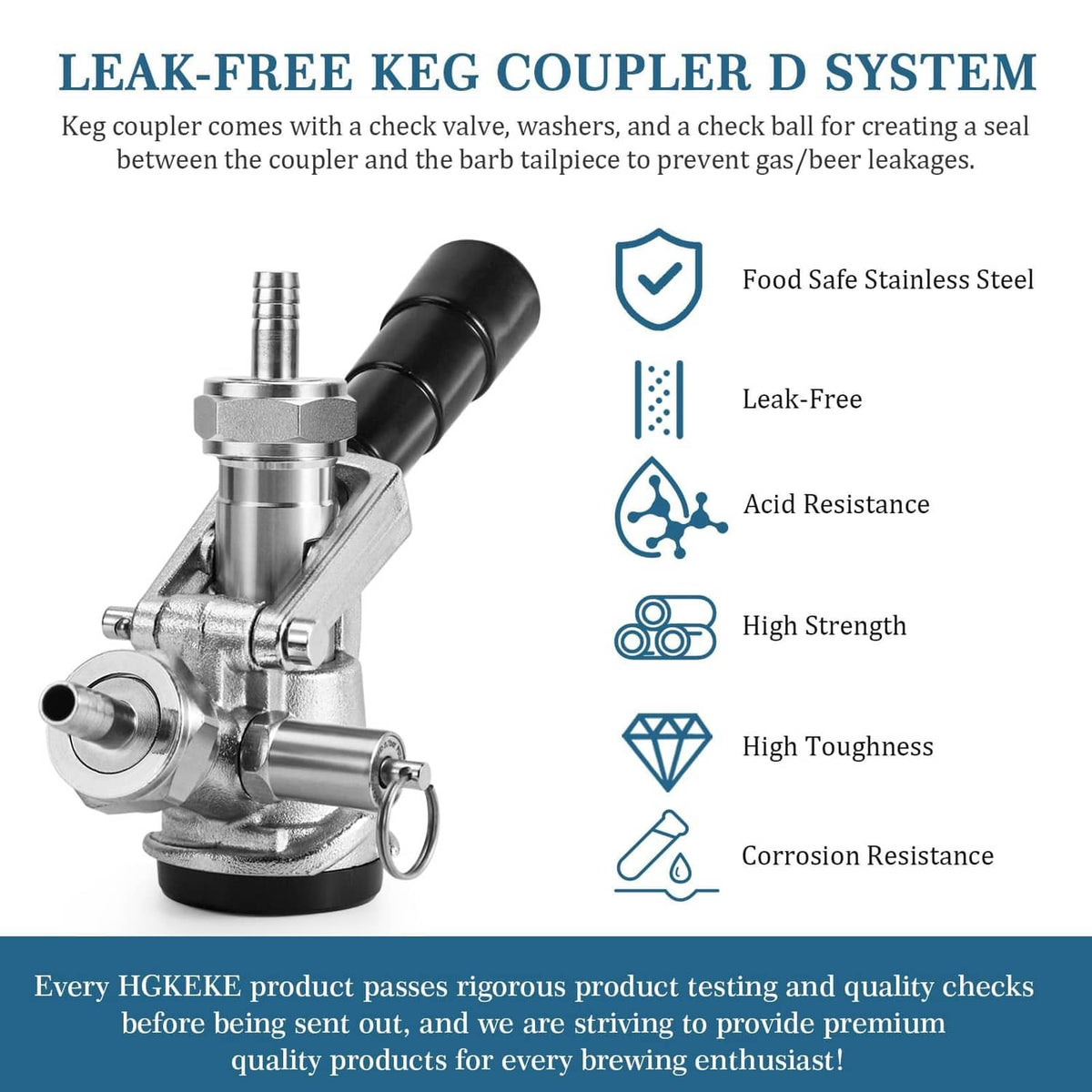 Keg coupler D system in stainless steel with black handle and leak-free check seals