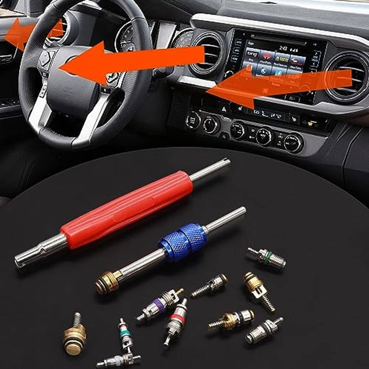 Car A/C valve core accessories kit with red handle, blue connector, and assorted valve cores