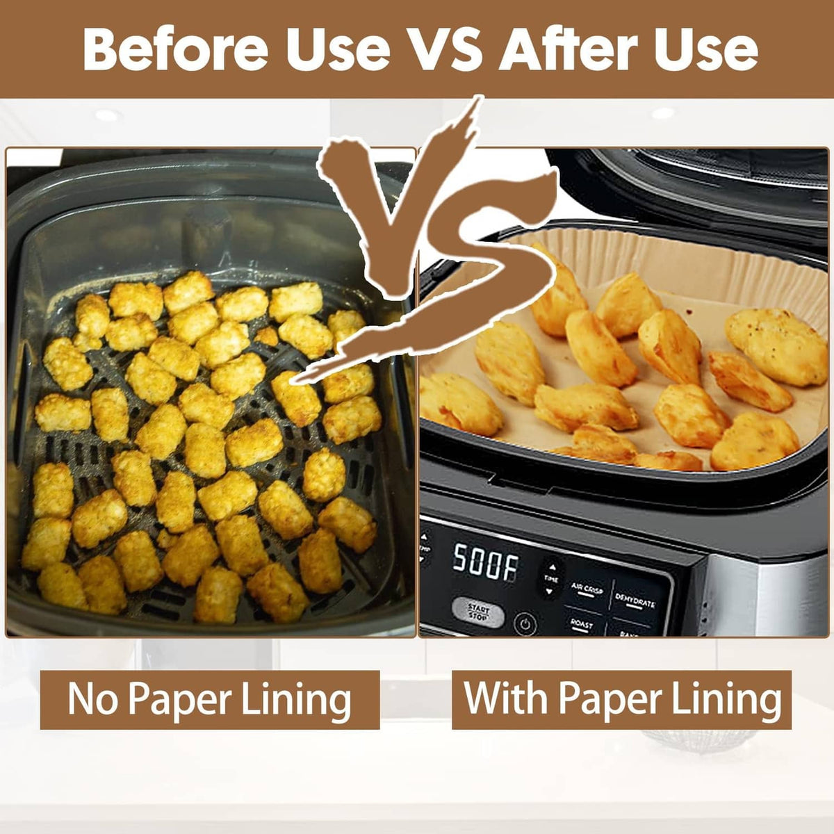 Air fryer paper lining sheet shown in basket for before/after use