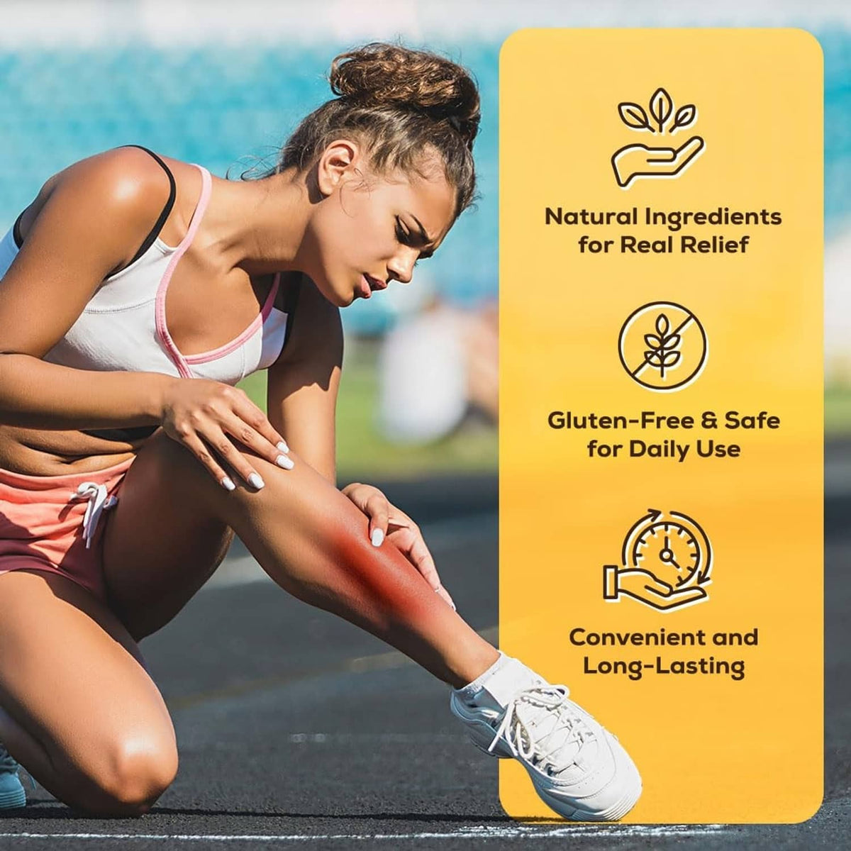 Old Amish Muscle Tonic info panel with natural ingredients and gluten-free icons