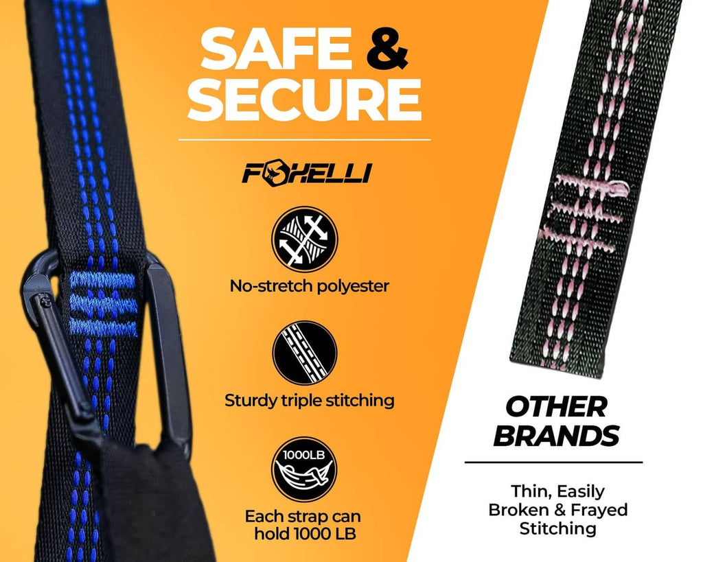 Blue-and-black hammock strap webbing with triple-stitched seams and end loops