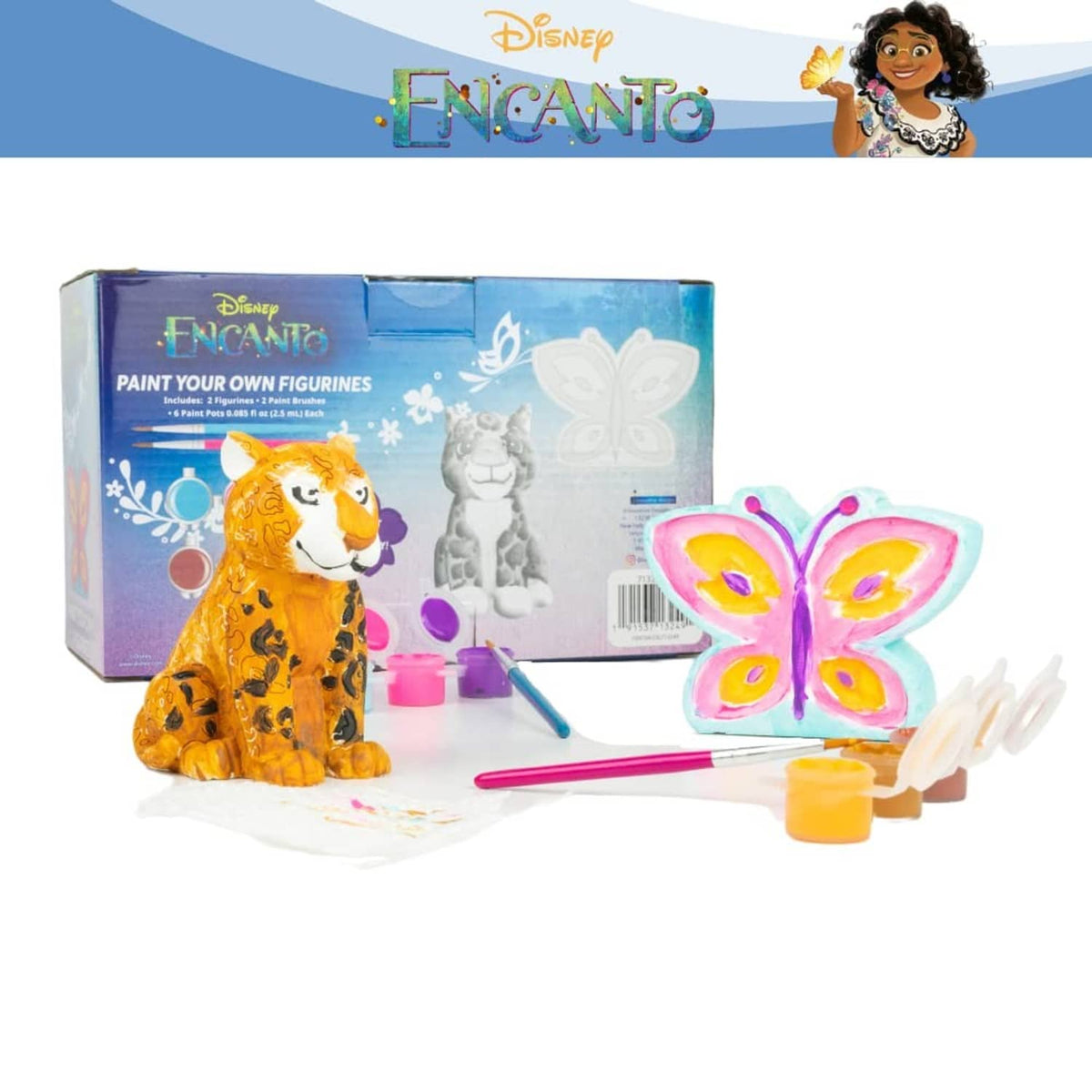 Paint-your-own figurines kit box with painted butterfly figurine, brush, and paint pot set