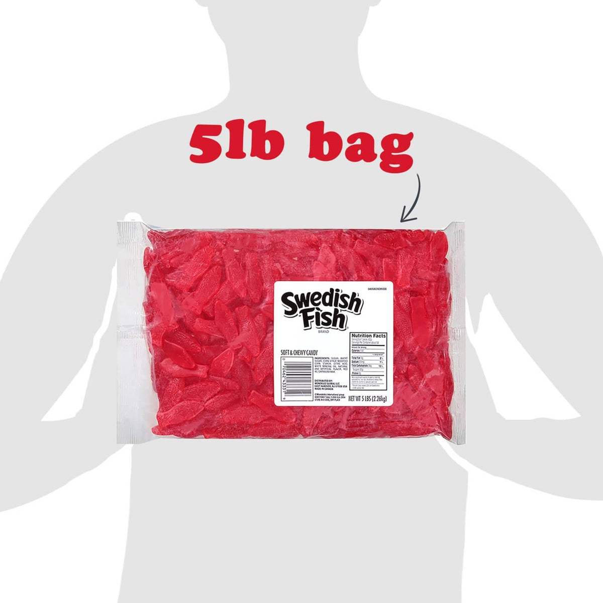 Red gummy fish candy 5 lb bag with label and barcode