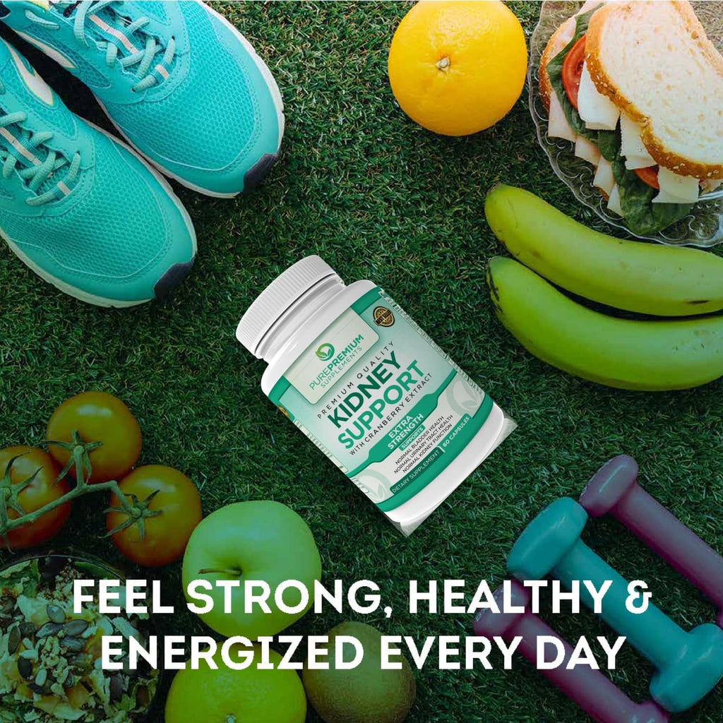 Kidney support supplement bottle with cranberry extract on a daily wellness display.