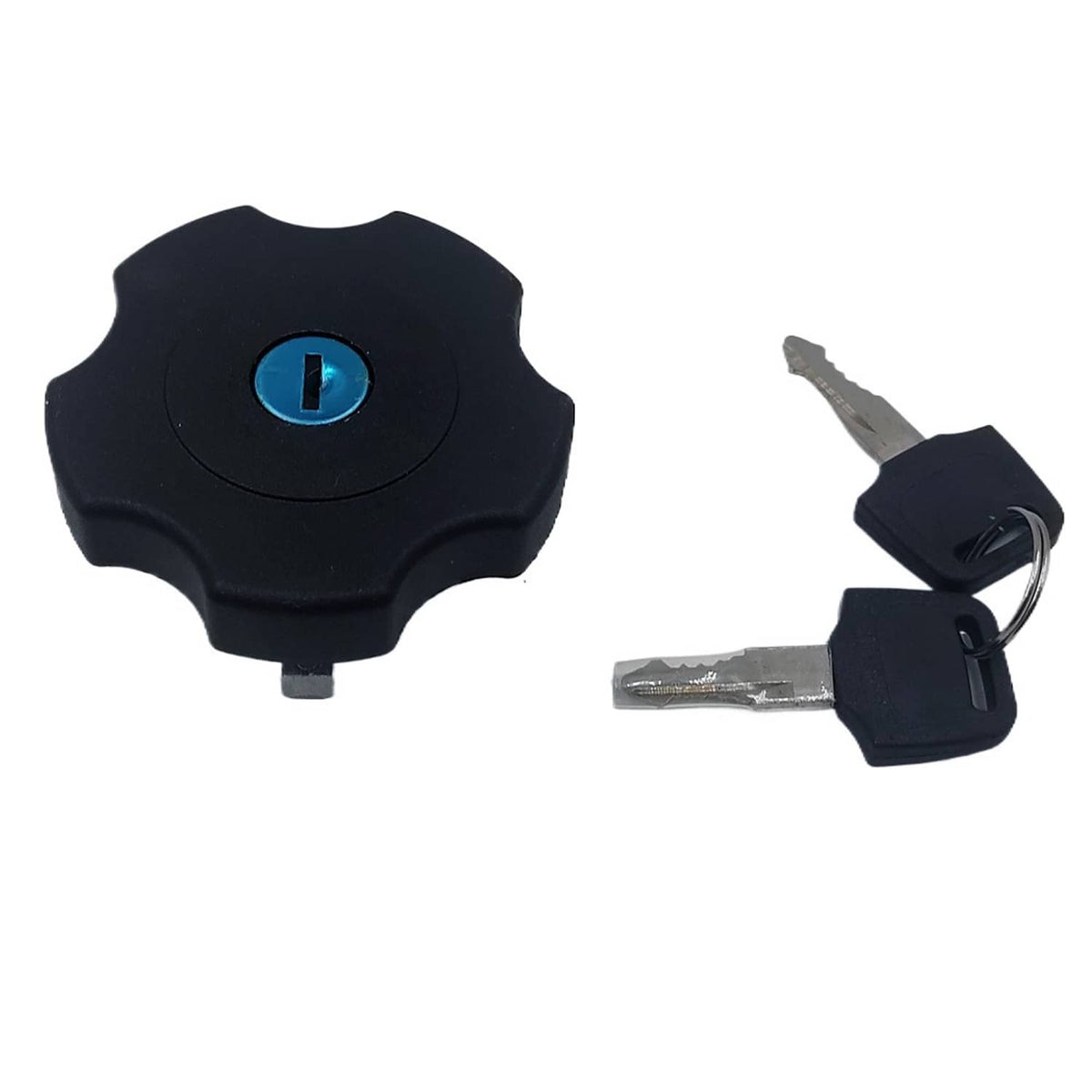 Black fuel tank cap with blue key slot and two keys with black plastic heads