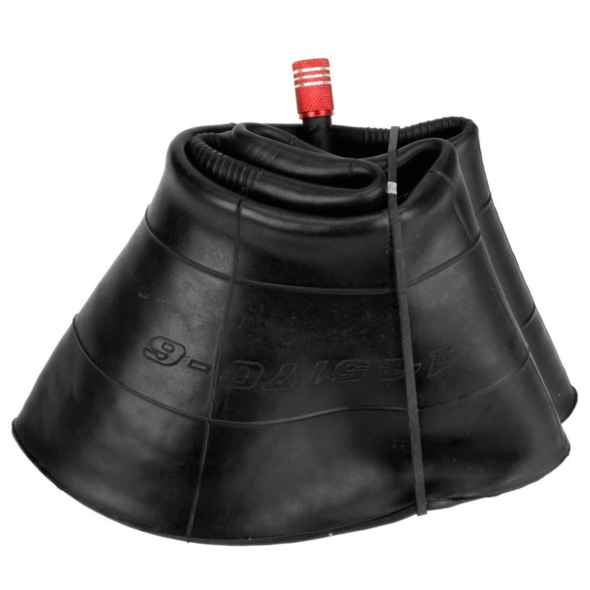 Black mini bike inner tube with red-topped valve stem