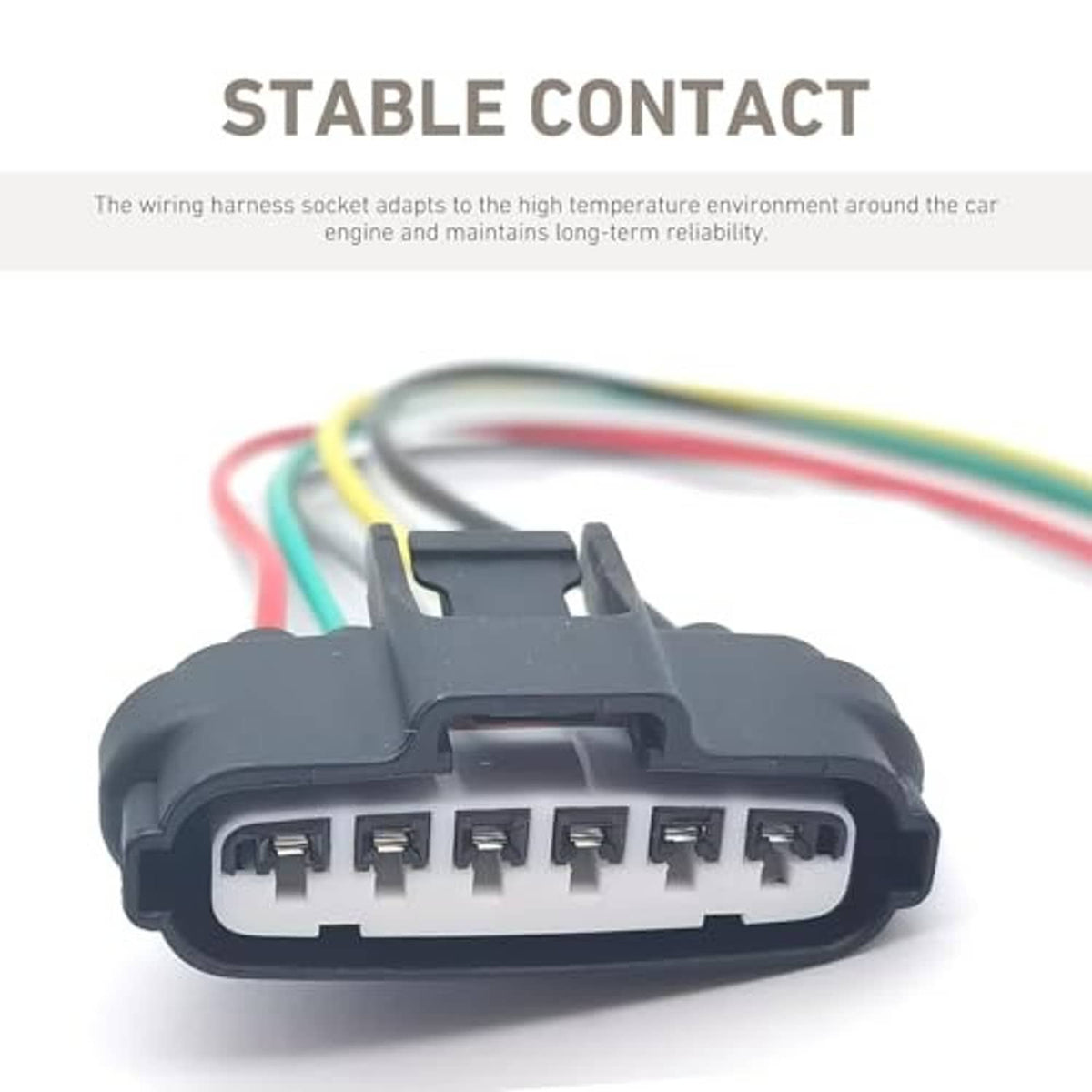 Close-up of 6-pin wiring harness connector with black housing and multicolor leads