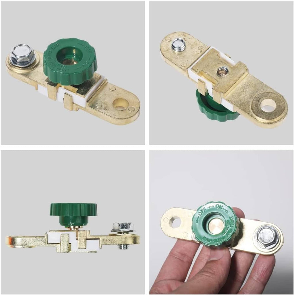Car battery disconnect switch components: brass base, green knob, and terminal hardware