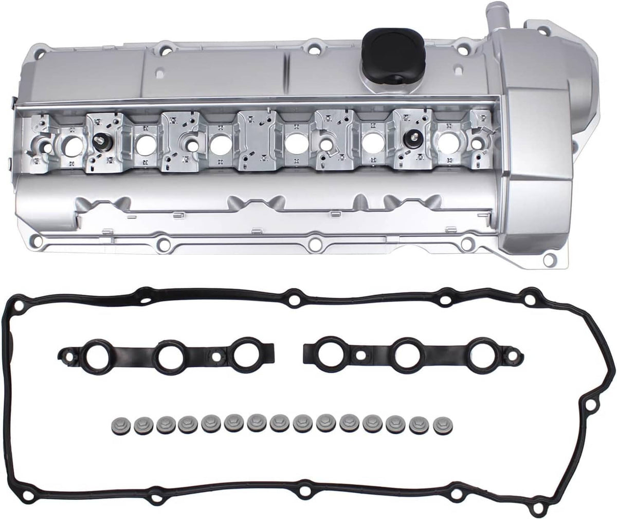 Aluminum valve cover with gasket, seal strips, and small fasteners in set