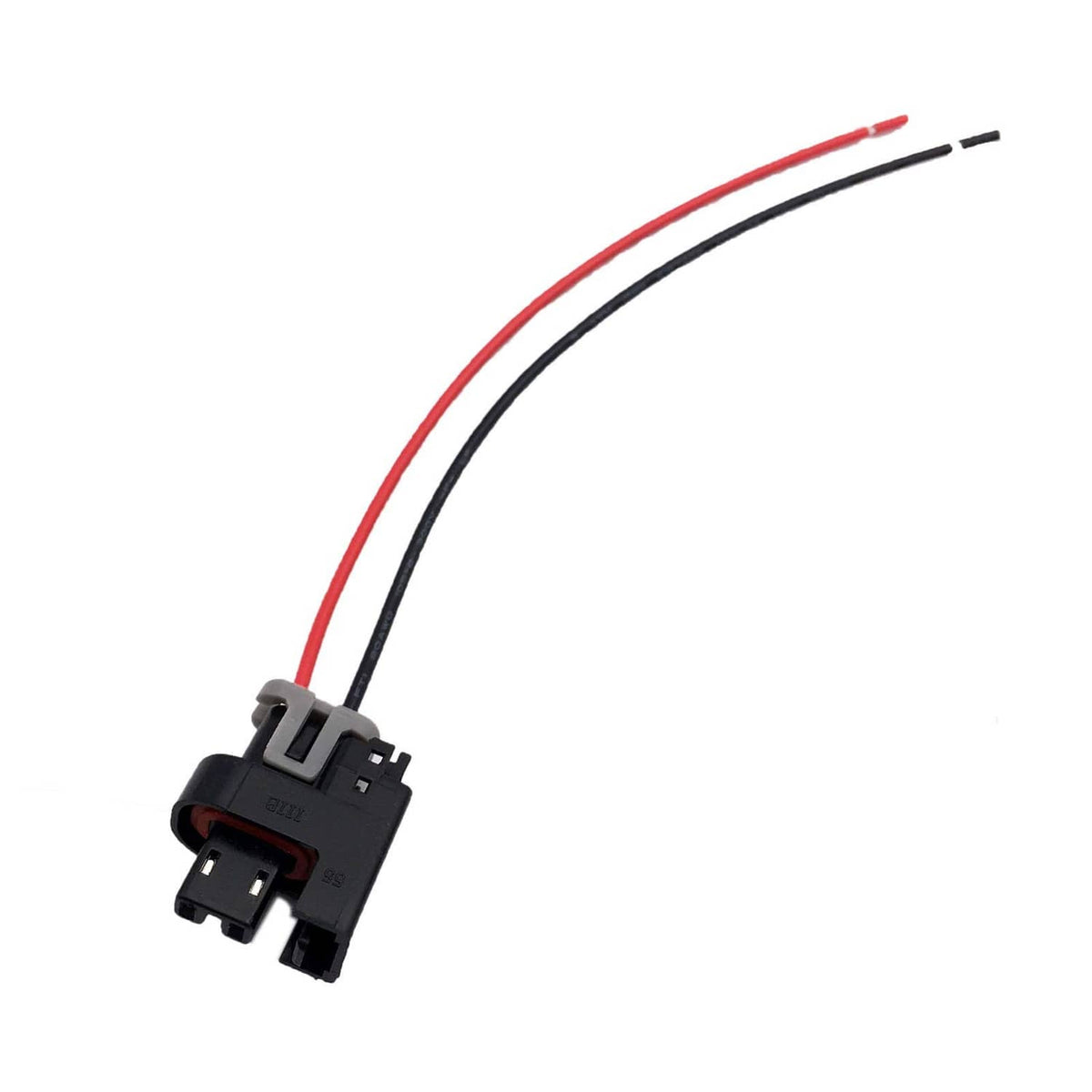 Fuel injector connector plug with black housing and red/black wire leads