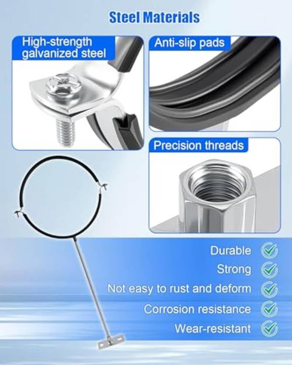 Galvanized steel pipe bracket with anti-slip pads and precision threaded bolt