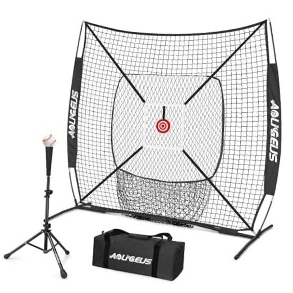 Black pitching practice net with center target and foldable support frame