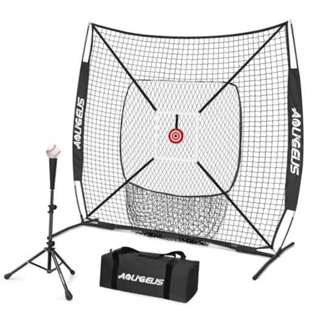 Black pitching practice net with center target and foldable support frame