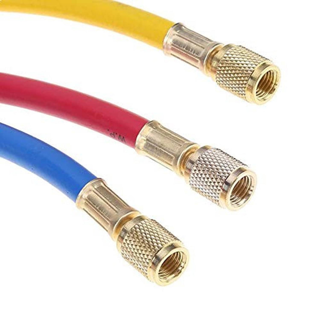 Close-up of threaded brass ends on red, blue, and yellow refrigerant charging hoses