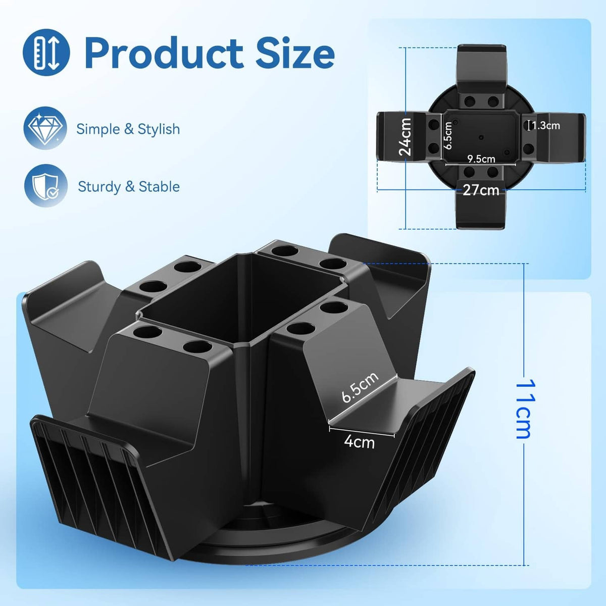 Black desktop controller organizer with pen/stylus holder slots and raised controller grips