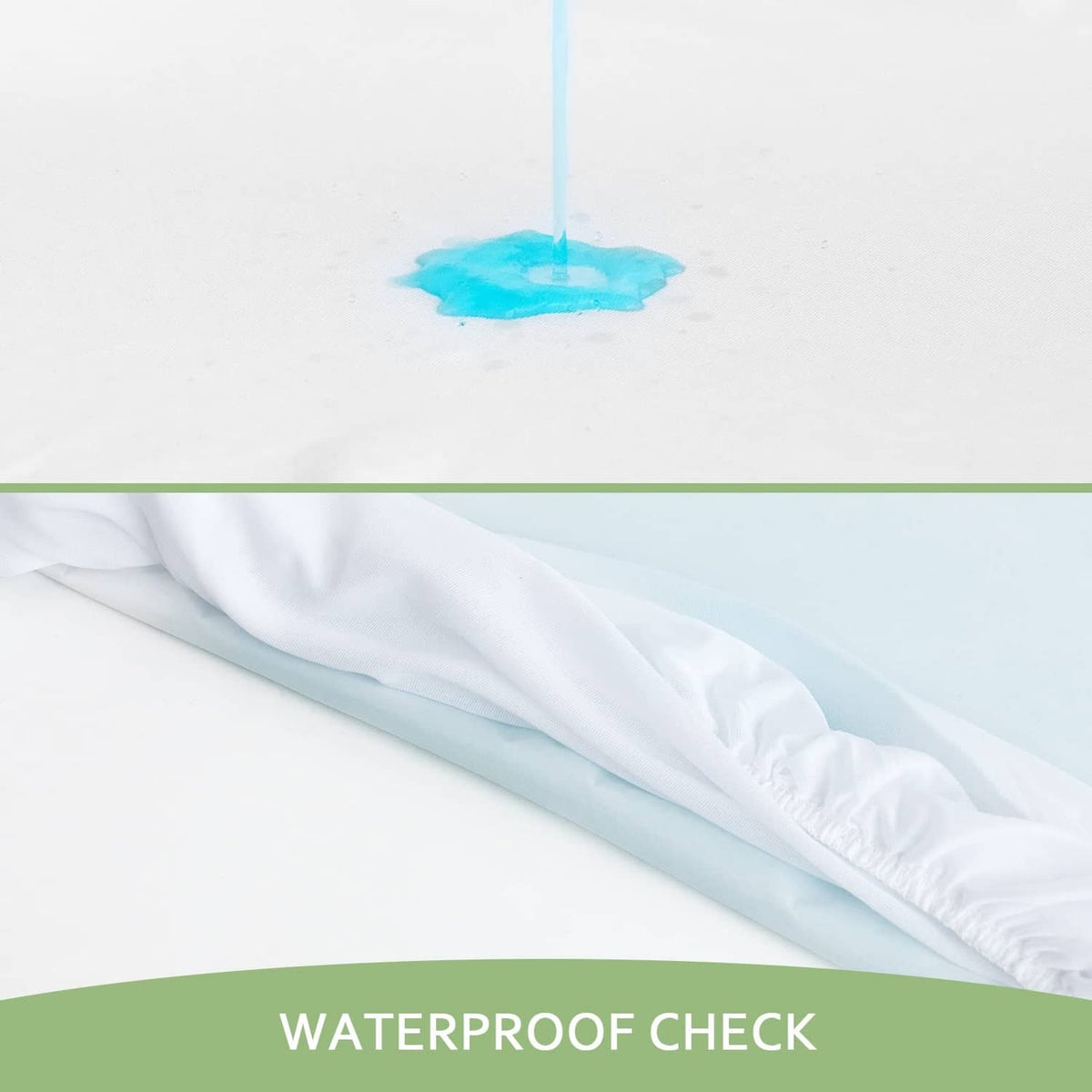 Waterproof mattress protector with water beading on smooth white surface