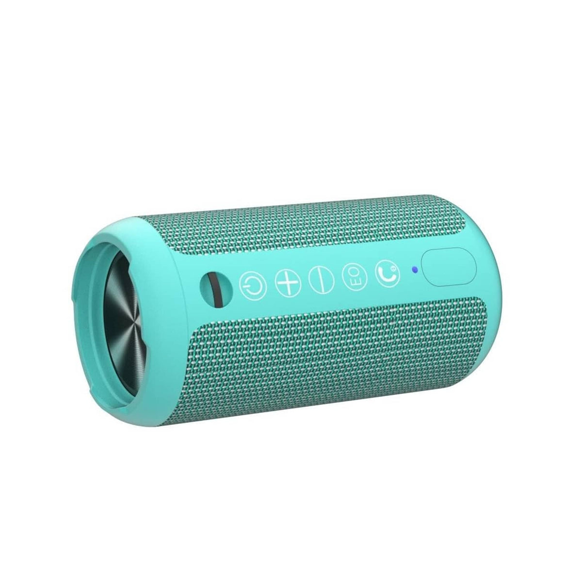 Teal portable Bluetooth speaker with textured mesh grille and side control panel