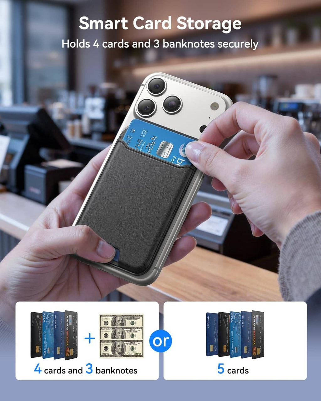 Black MagSafe wallet with card storage, held in hand beside a smartphone
