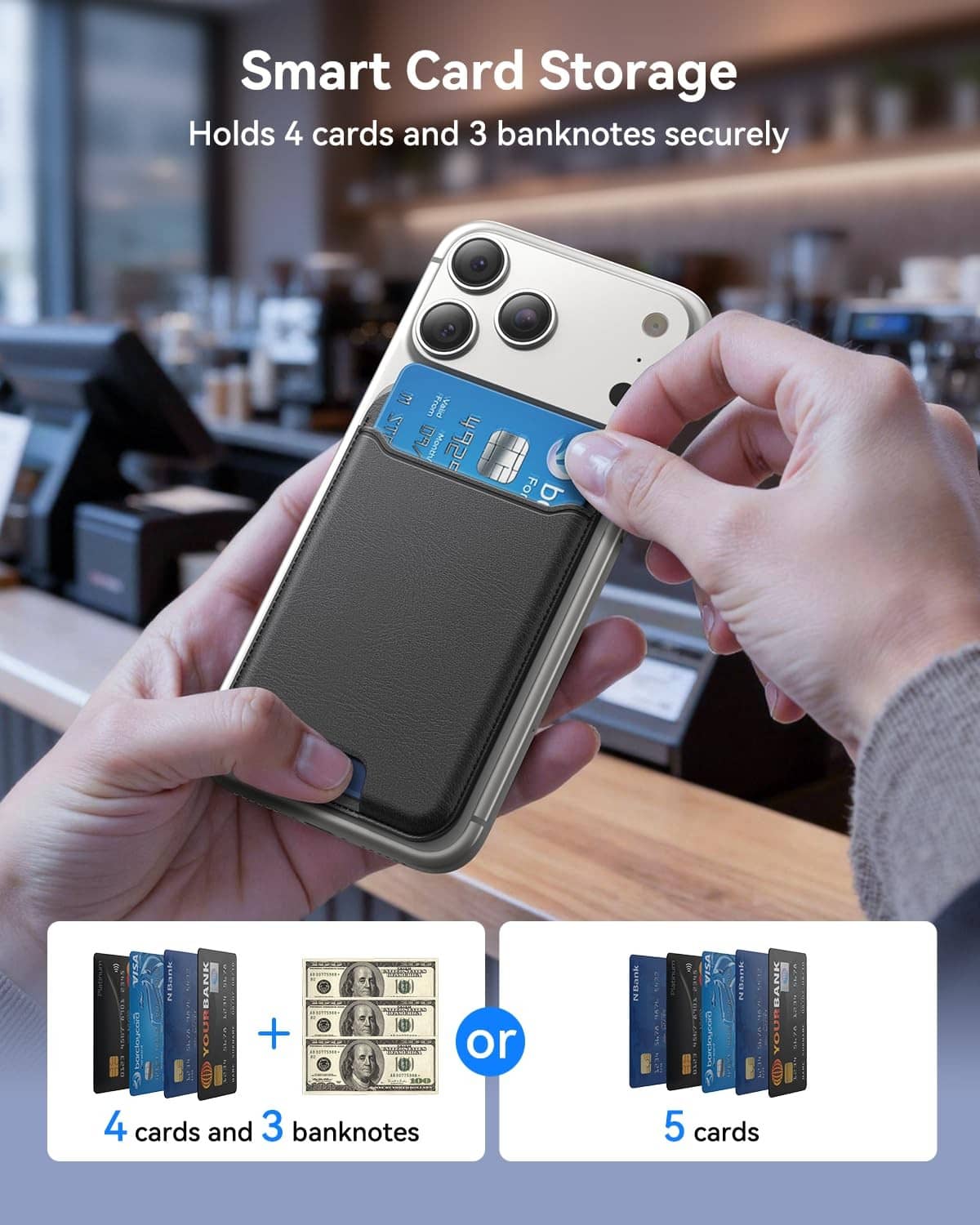 Black MagSafe wallet with card storage, held in hand beside a smartphone