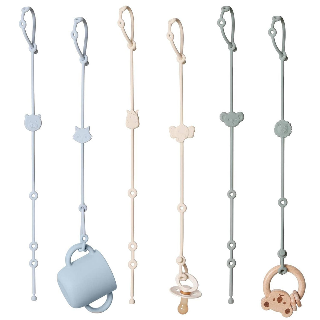 Set of 6 silicone high chair toy straps with clip-on animal and pacifier toys