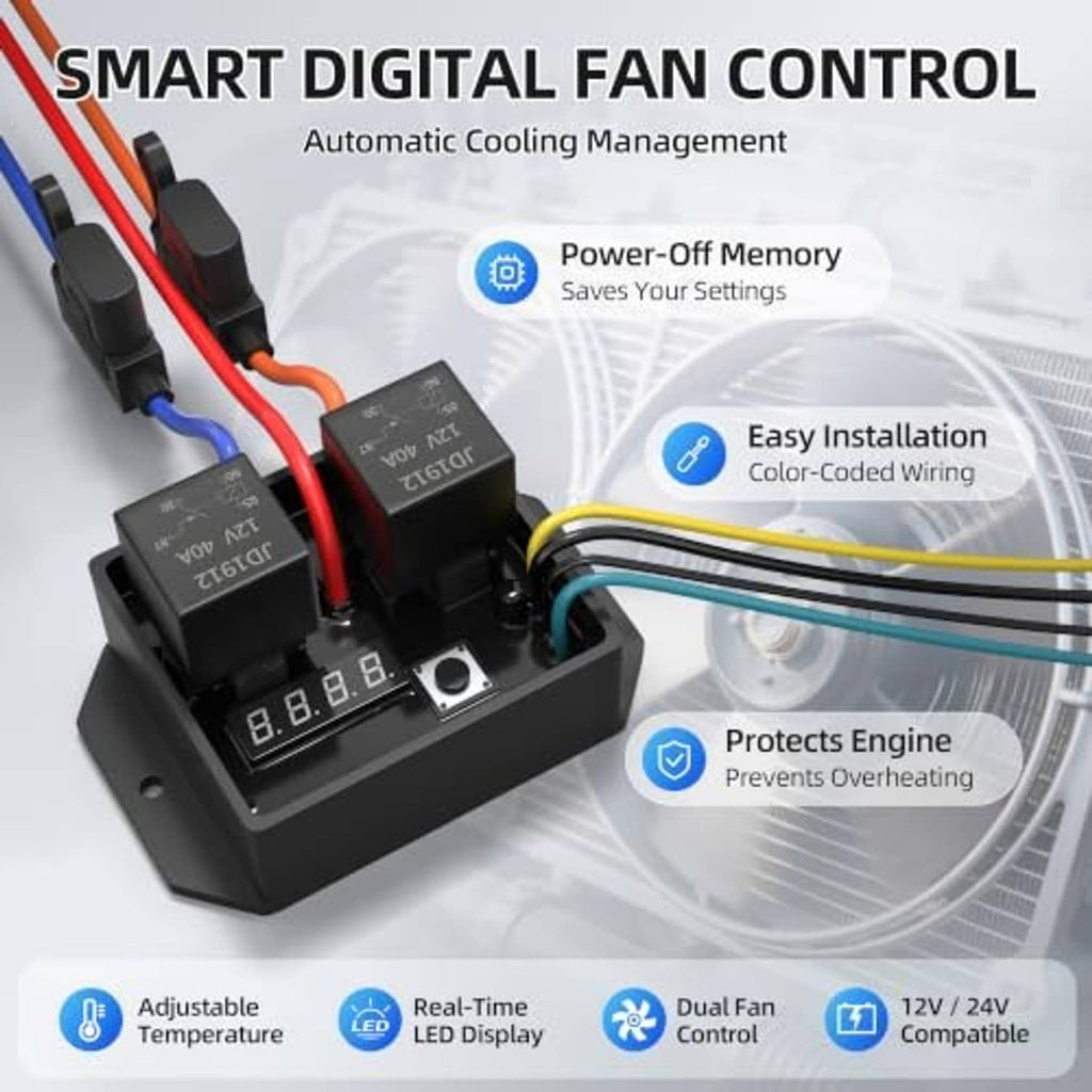 Digital fan controller base with two control modules and multi-color wiring leads