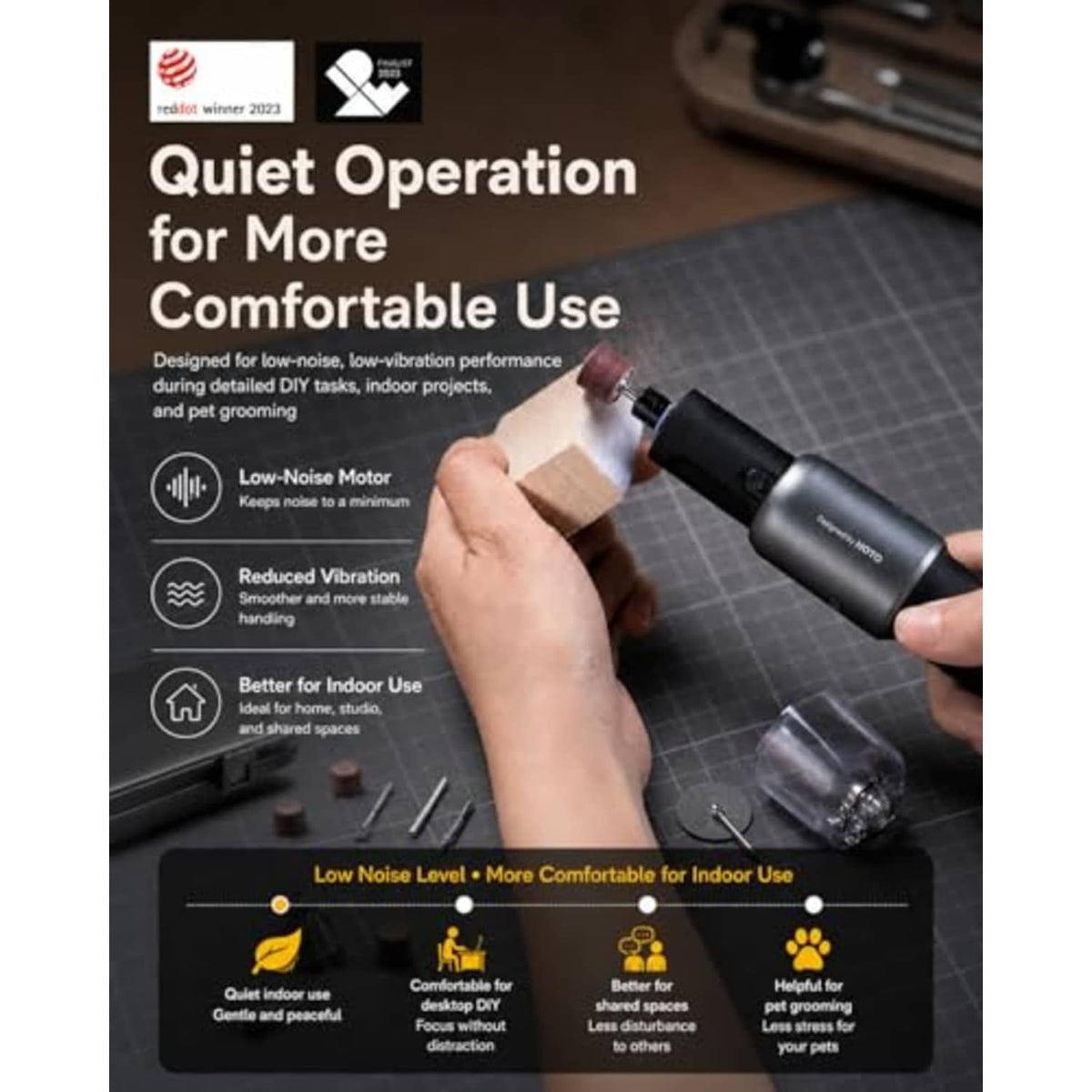 Cordless rotary tool used by hand to sand or polish a wooden block
