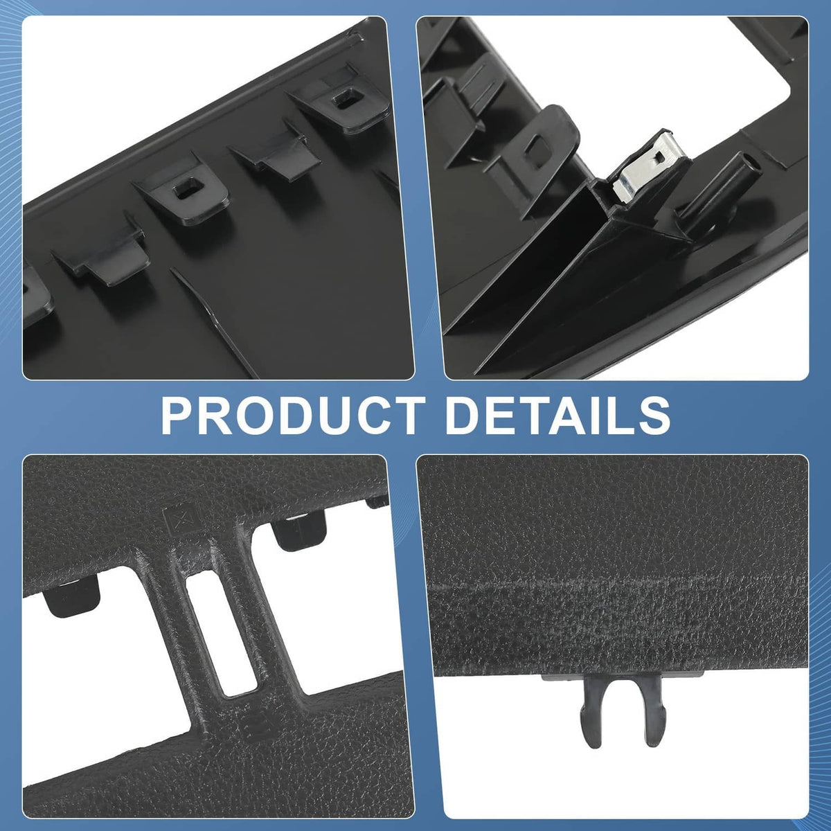 Dark gray bezel lid detail with clips and textured surface around openings